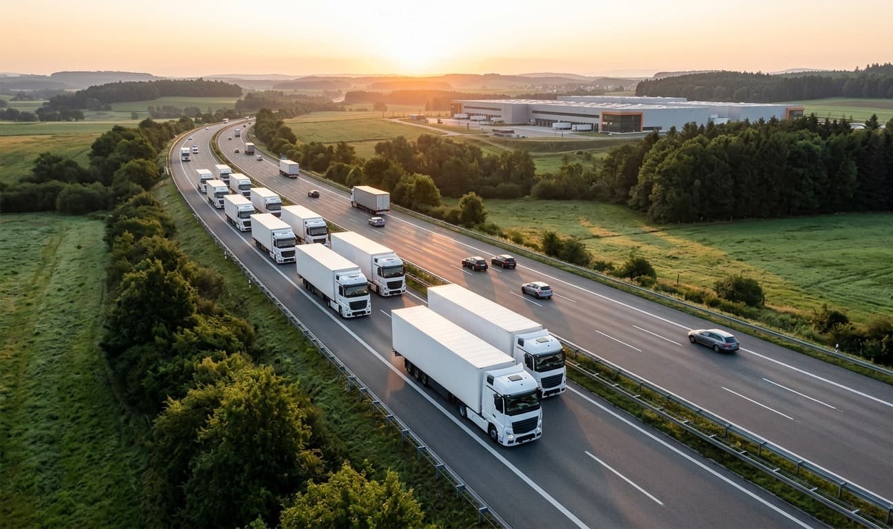 A logistics convoy travelling near a warehouse in Germany