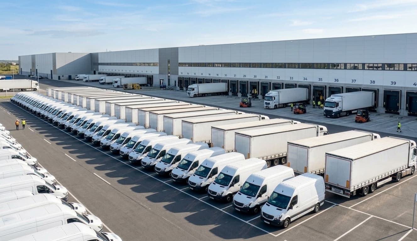Fleet vehicles and trucks at a warehouse loading area